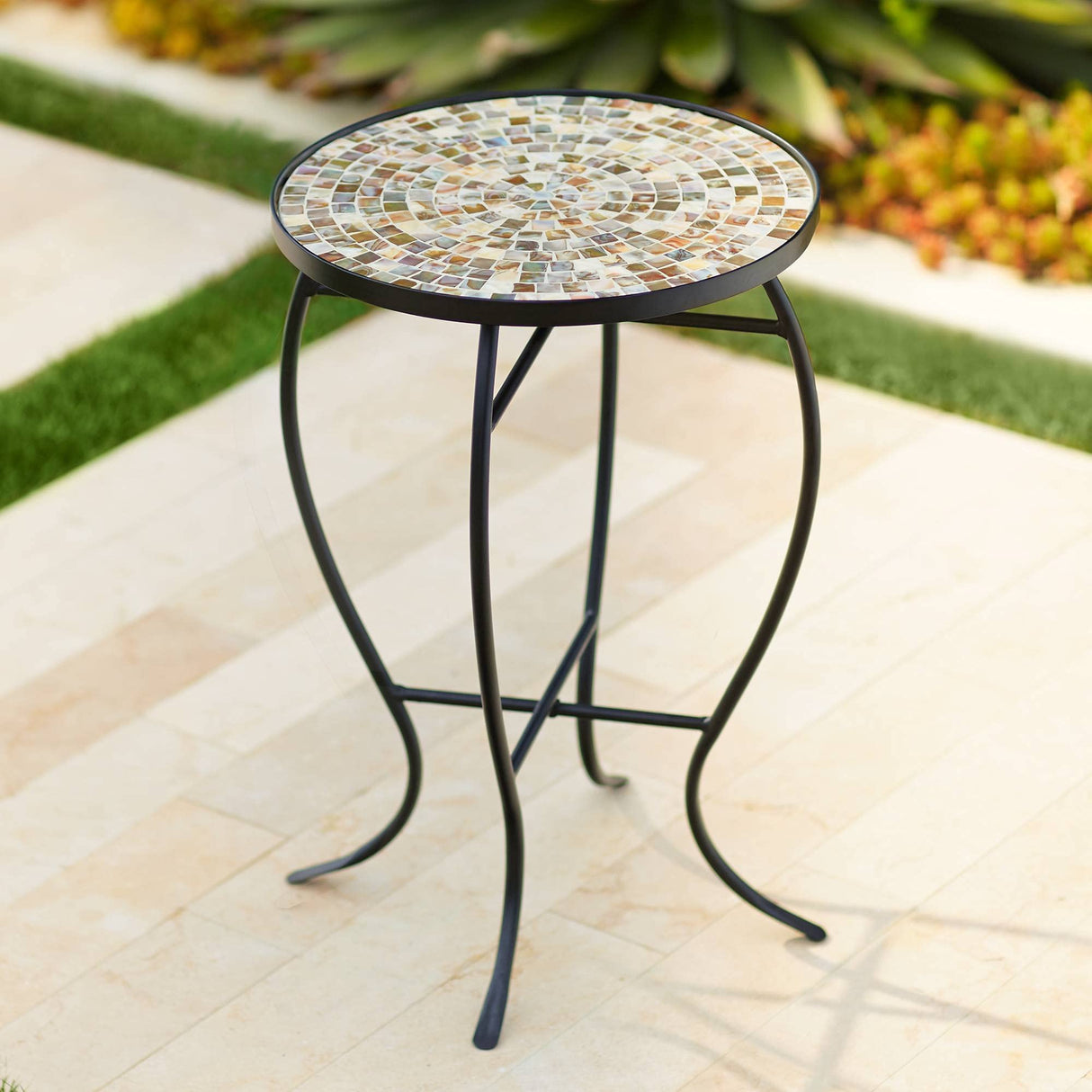 Teal Island Designs Mother of Pearl Modern Black Metal Round Outdoor Accent Side Tables 14" Wide Set of 2 Natural Mosaic Tile Tabletop Curved Legs for Spaces Porch Patio Home House Balcony Deck - Bircata