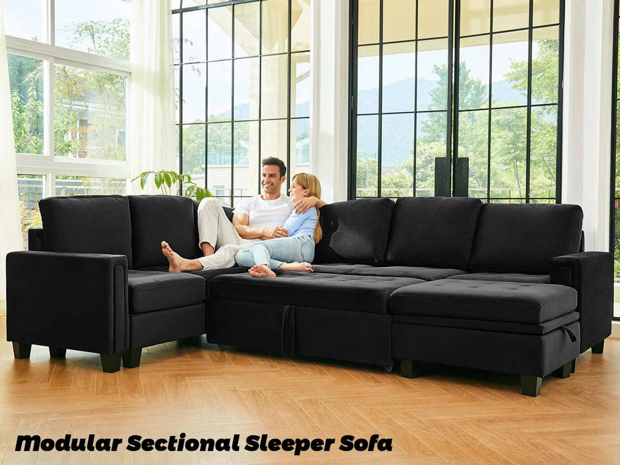 Pull Out Sofa Bed Module Part for Modular Sectional Sleeper Sofa Armless Loveseat with Pull Out Bed for Sectional Couch Black