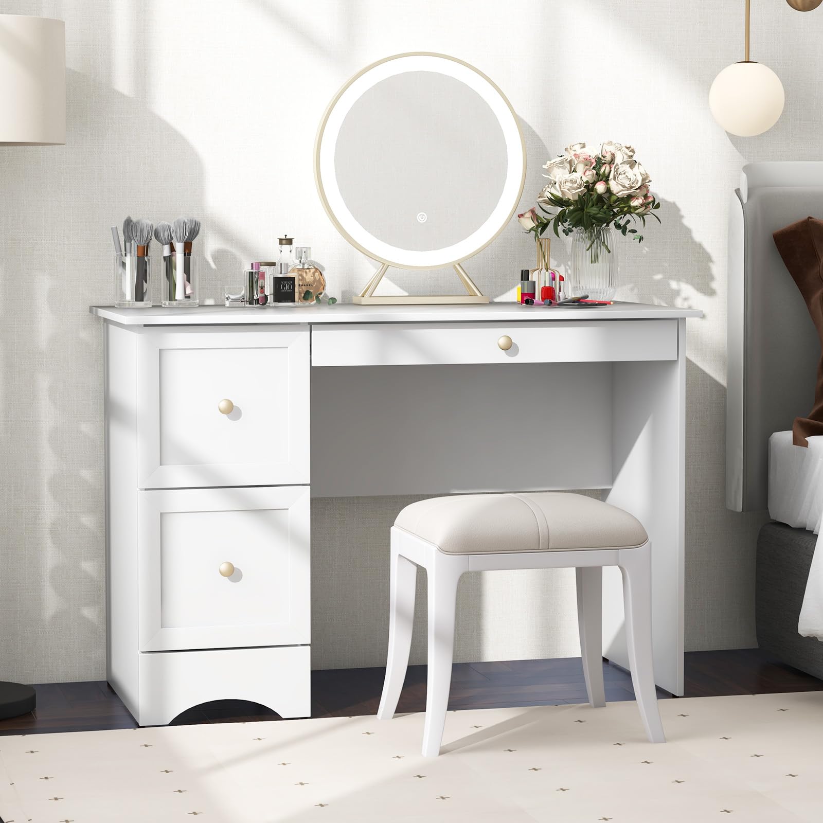 White Desk with 3 Drawers, Wooden Home Office Desk PC Laptop Notebook Desk