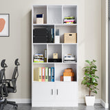 70" Tall White Bookshelf with 12 Cubes and 2 Doors, 4-Tier Open Shelf Bookcase