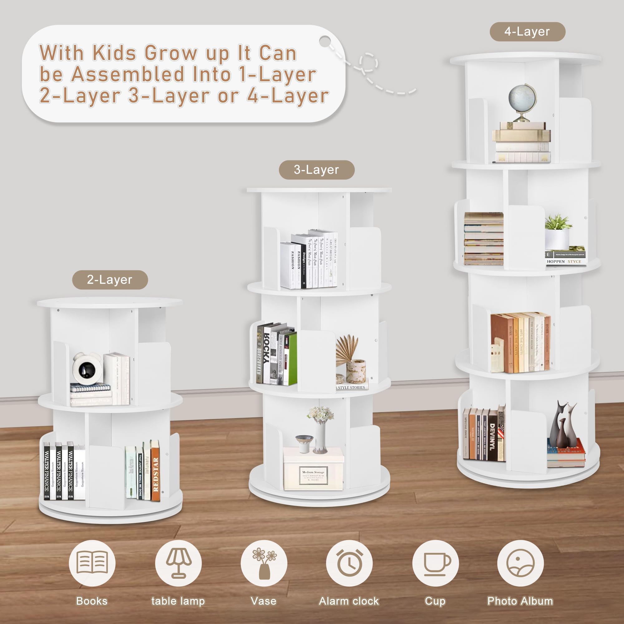 Rotating Bookshelf,Wood Corner Bookshelf 4 Tier 360 Display Spinning Bookshelf Floor Standing Bookcase White Stackable Bookshelf Storage Rack Organizer for Small Space Bedroom Living Room Study Room