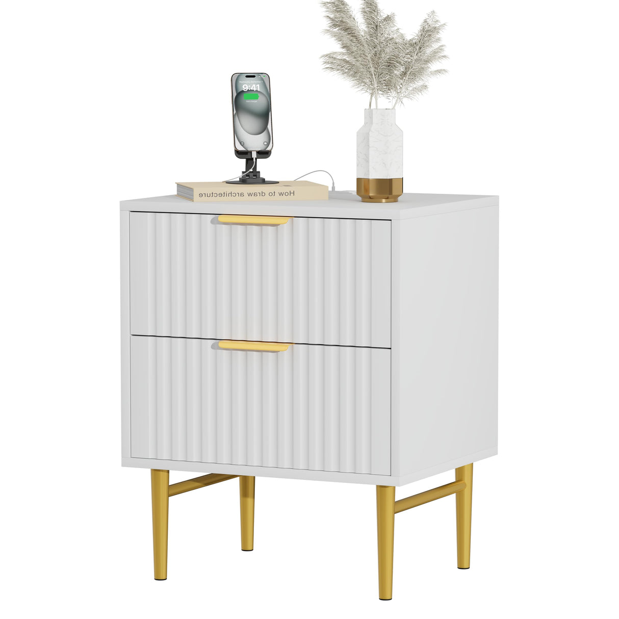 Nightstand with Charging Station, Side Table with 2 Drawers, Fluted End Table with Gold