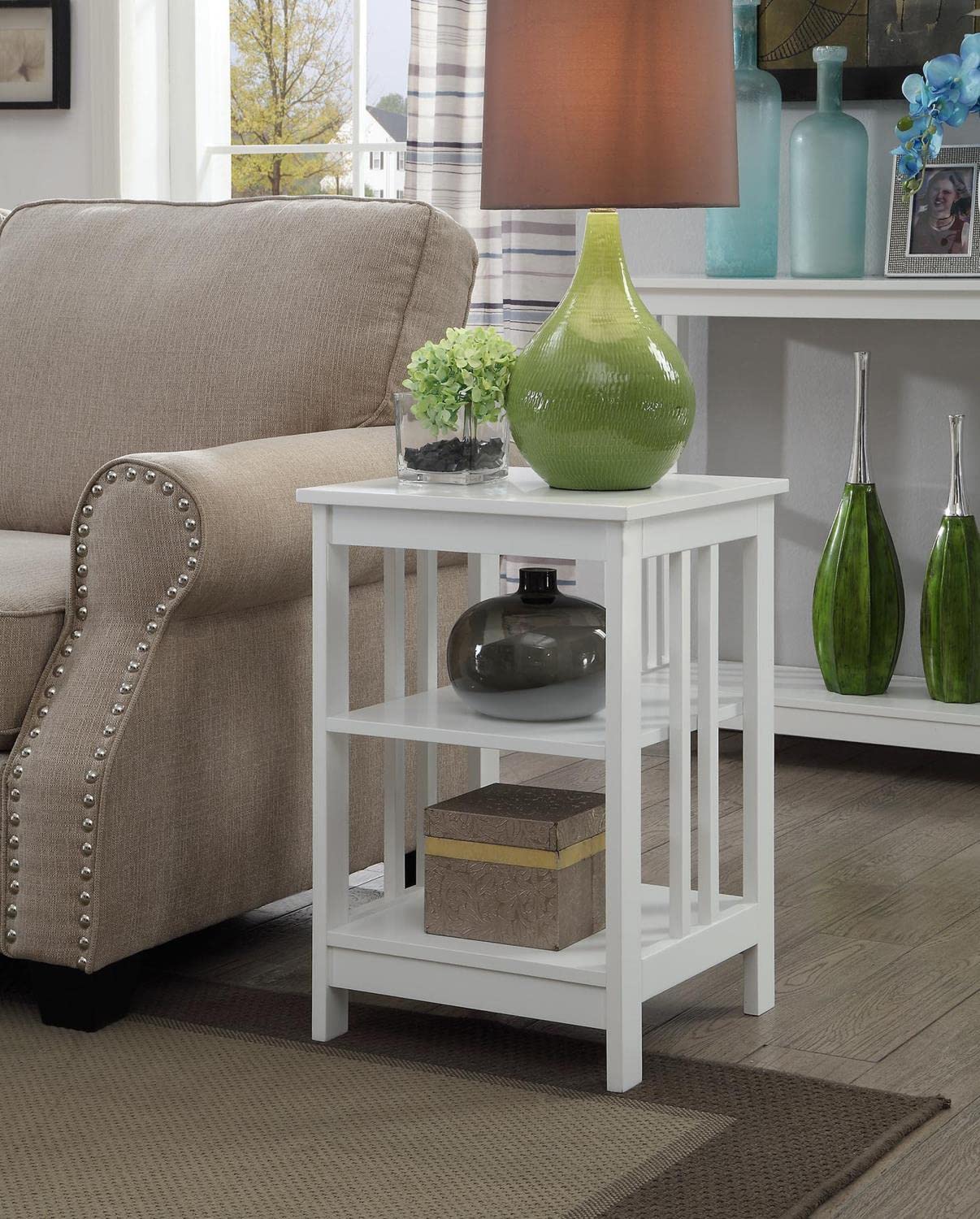 Mission End Table with Shelves, White