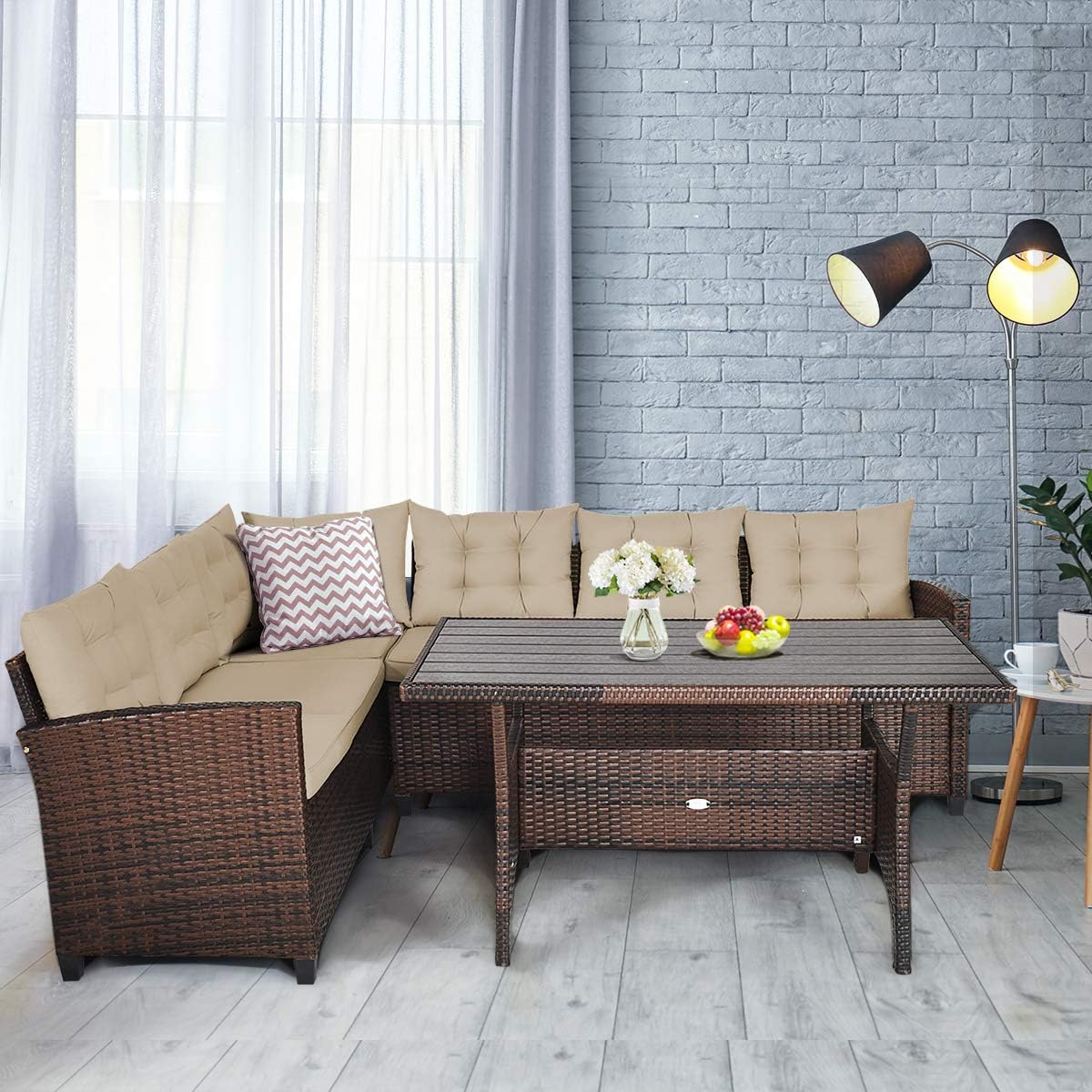 Patio Furniture Set, 3 Pieces Outdoor Conversation Set with 6 Cushioned Seat & Coffee