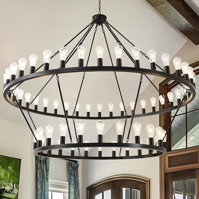 60 Inch Black Extra Large Wagon Wheel Chandelier, 2 Tier 54-Lights Farmhouse Industrial