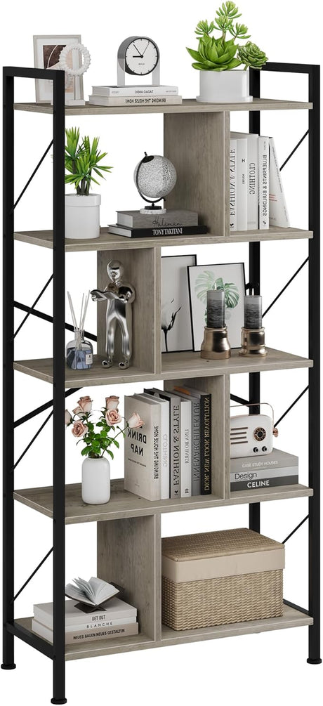 5 Tier Bookshelf with Storage, 61 Inch Tall Industrial Book Shelf with Open Display Bookshelves