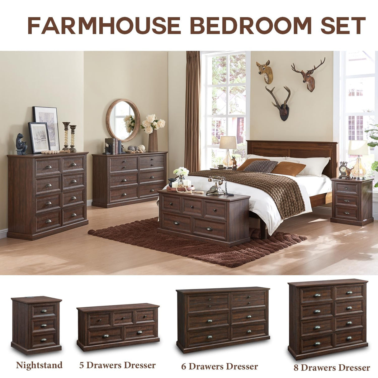 Farmhouse Nightstand with Charging Station, 3 Drawer Dresser for Bedroom