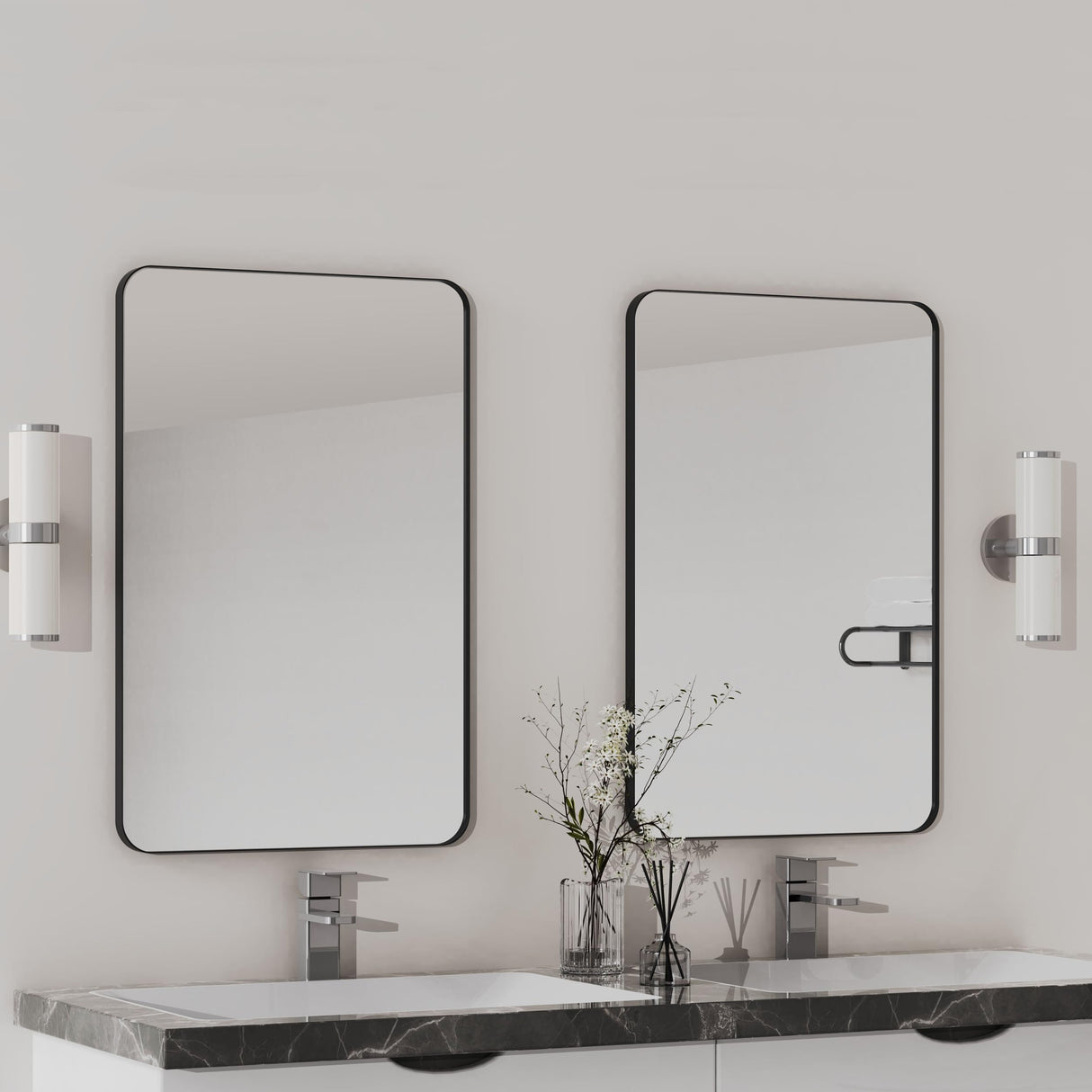 VocalStar 2-Pack Black Bathroom Mirrors 24 x 36 Inch, Metal Framed Rounded Rectangle Wall Vanity Mirror Modern Farmhouse, 1/4-inch Shatterproof Glass | Ultra-Flush Hanging