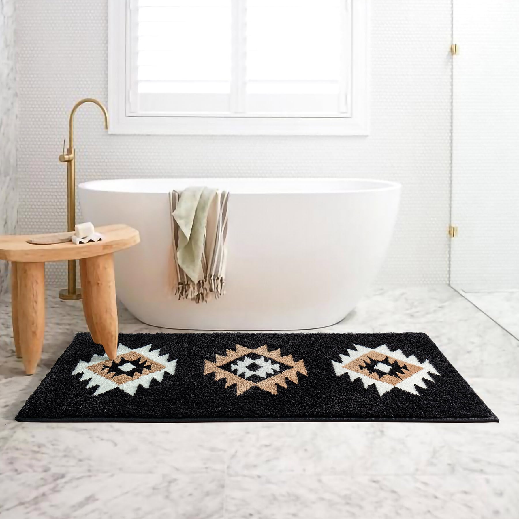 DEXDE Boho Bathroom Rugs Black Aztec Bath Mat Non Slip Long Bathroom Rug Runner Luxury Soft Absorbent Carpet for Bathroom Shower Kitchen Entryway Modern Western 20x47