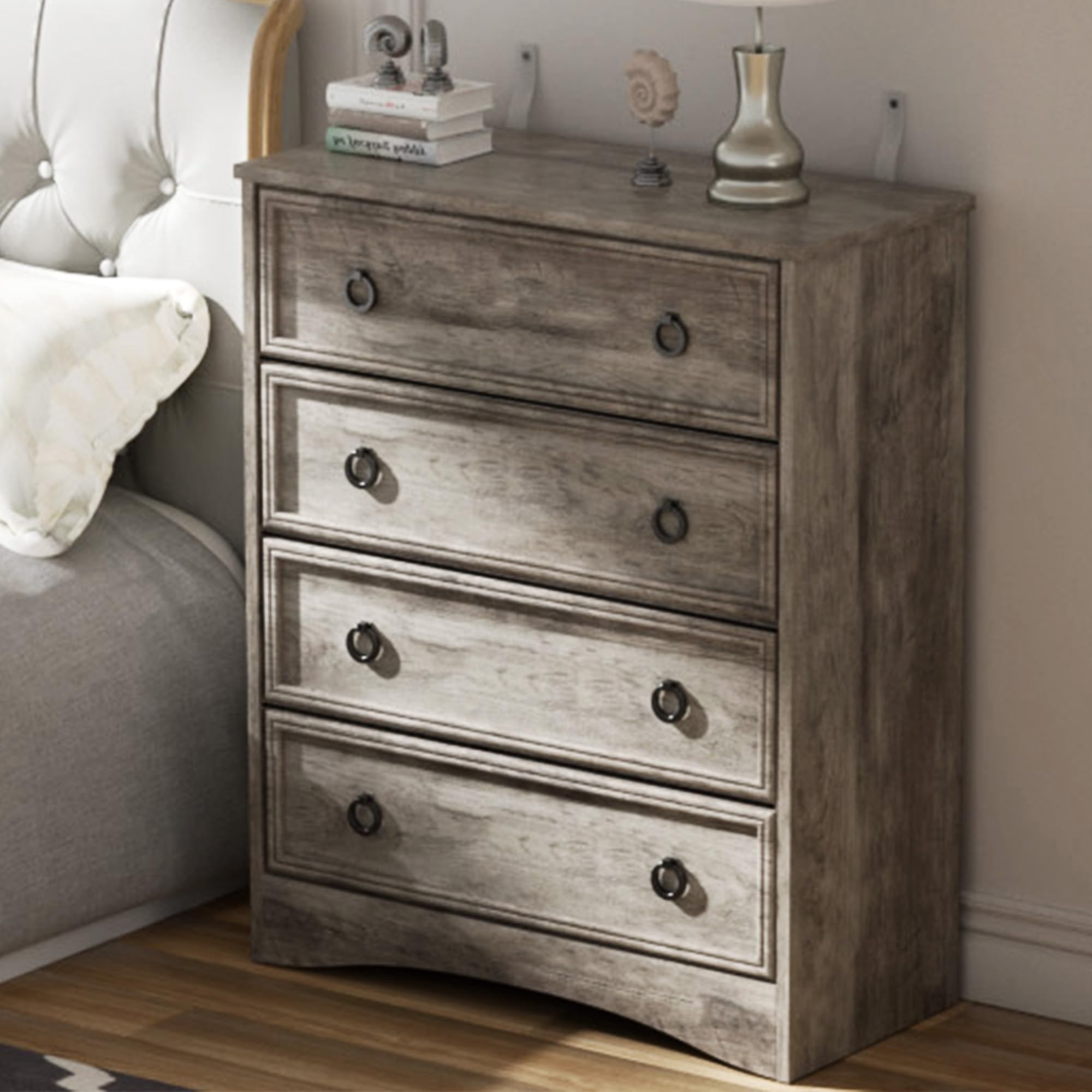 Tall Grey Dresser for Bedroom, 4 Drawer Wood Dresser