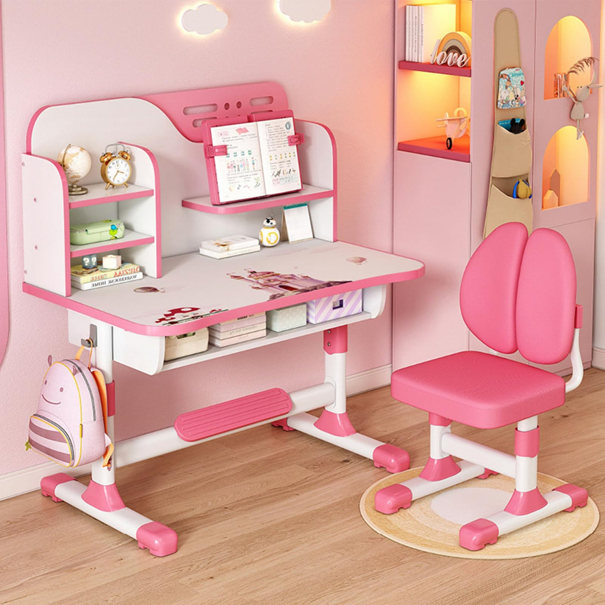 Study Desk Chair Set,Height Adjustable Children's Desk and Chair School Study Table Chair with Astronaut Pattern,Ergonomic Desk Chair with Writing Board, Bookshelf and Drawer Pink