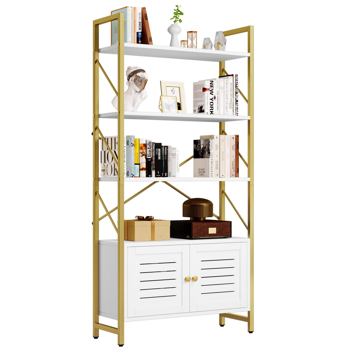 Bookshelf and Bookcase with Storage Cabinet, Standing 5 Tiers Book Shelves Display Rack with Doors for Bedroom Living Room Office,White&Gold