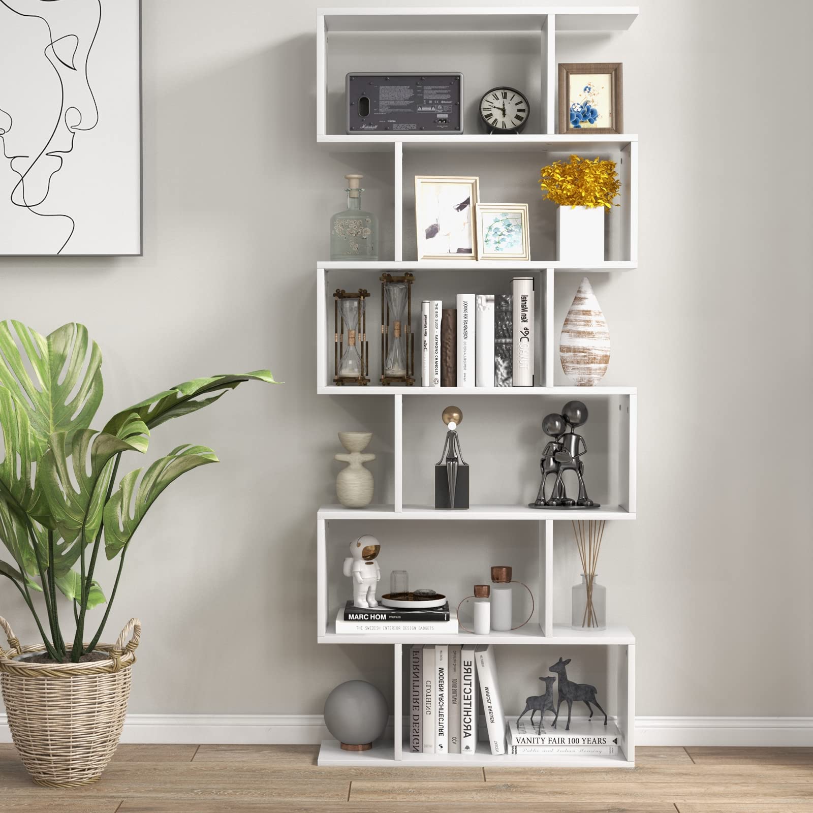 Tangkula 6-Tier Geometric Bookcase, Modern S-Shaped Storage Display Bookshelf for Living Room, Anti-Toppling Device, Home Office Wooden 6 Shelf Open Bookcase (1, White)