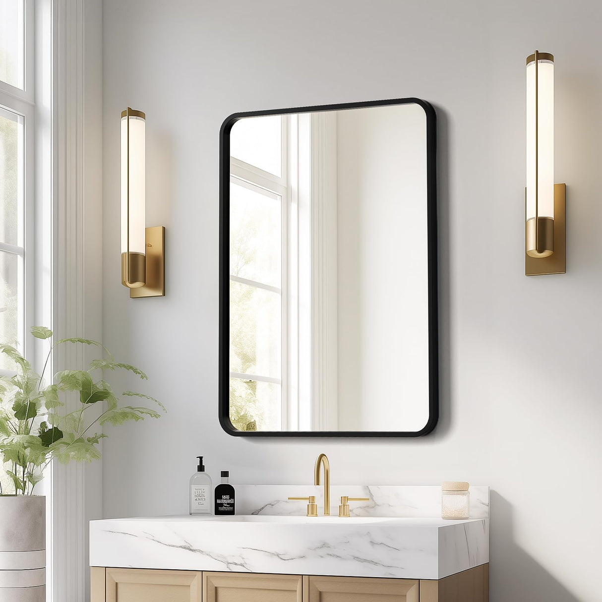 Mirror for Over Sink 22 x 30 Inch, Matte Black Rectangle Mirror for Wall, Rounded Metal