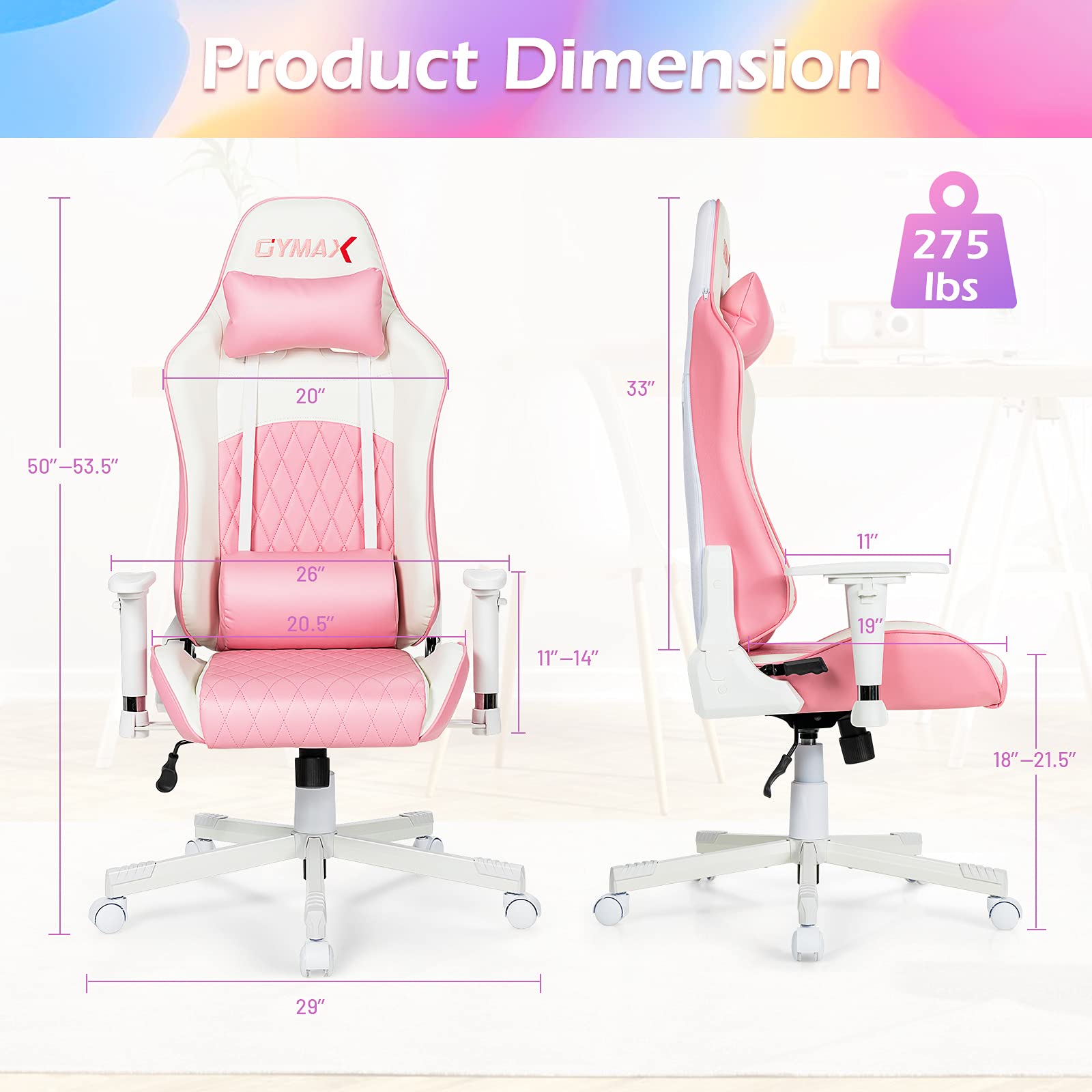Pink Ergonomic Gaming Chair with Lumbar Support