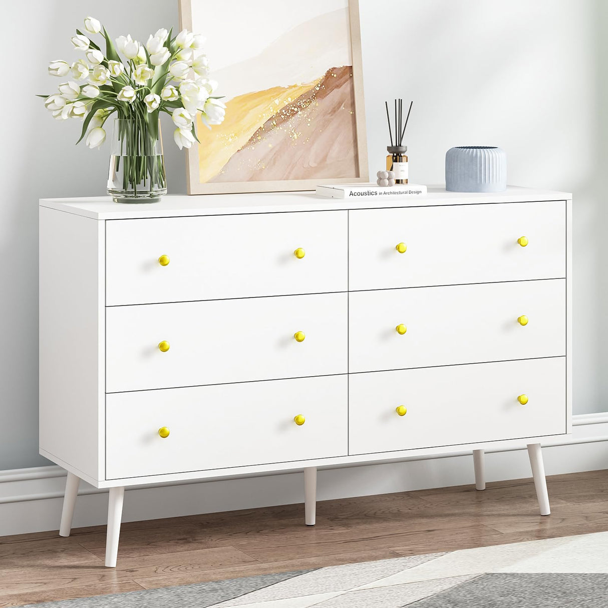 White Dresser for Bedroom, Double Wood Dresser with Gold Handles, 6 Drawer Dresser, Modern Mid Century Chest of Drawers for Living Room, Hallway