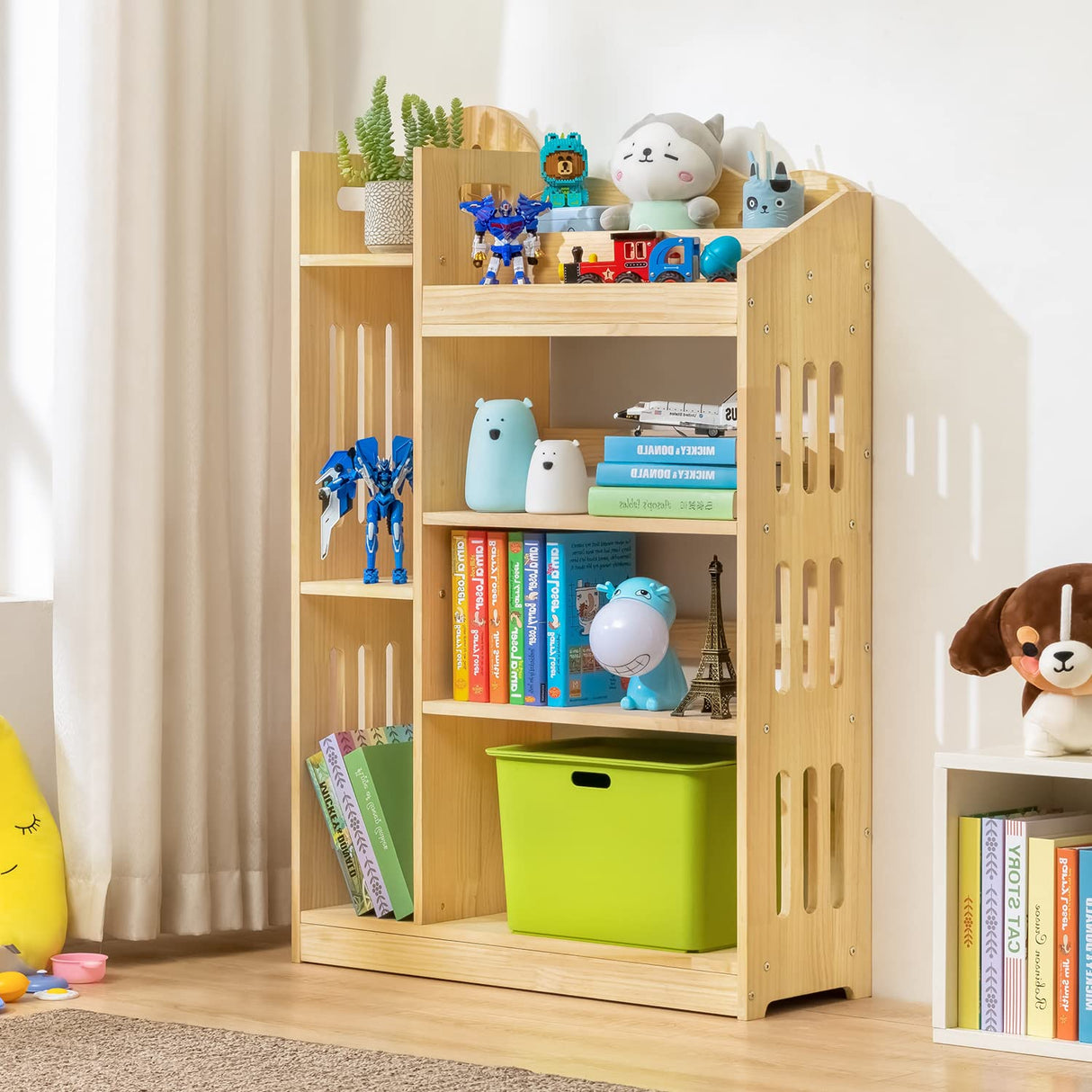 Bookshelf with Organizer, Wood Display Shelf Stand for Small Space Multifunction Storage Cabinet for Playroom, Bedroom, Natural