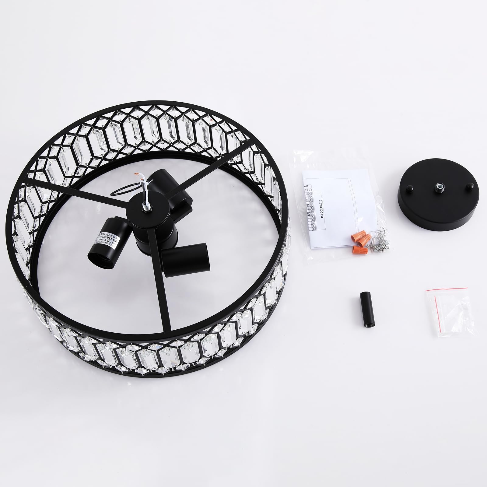 16" Black Crystal Ceiling Light - 3-Light Semi Flush Mount Chandelier