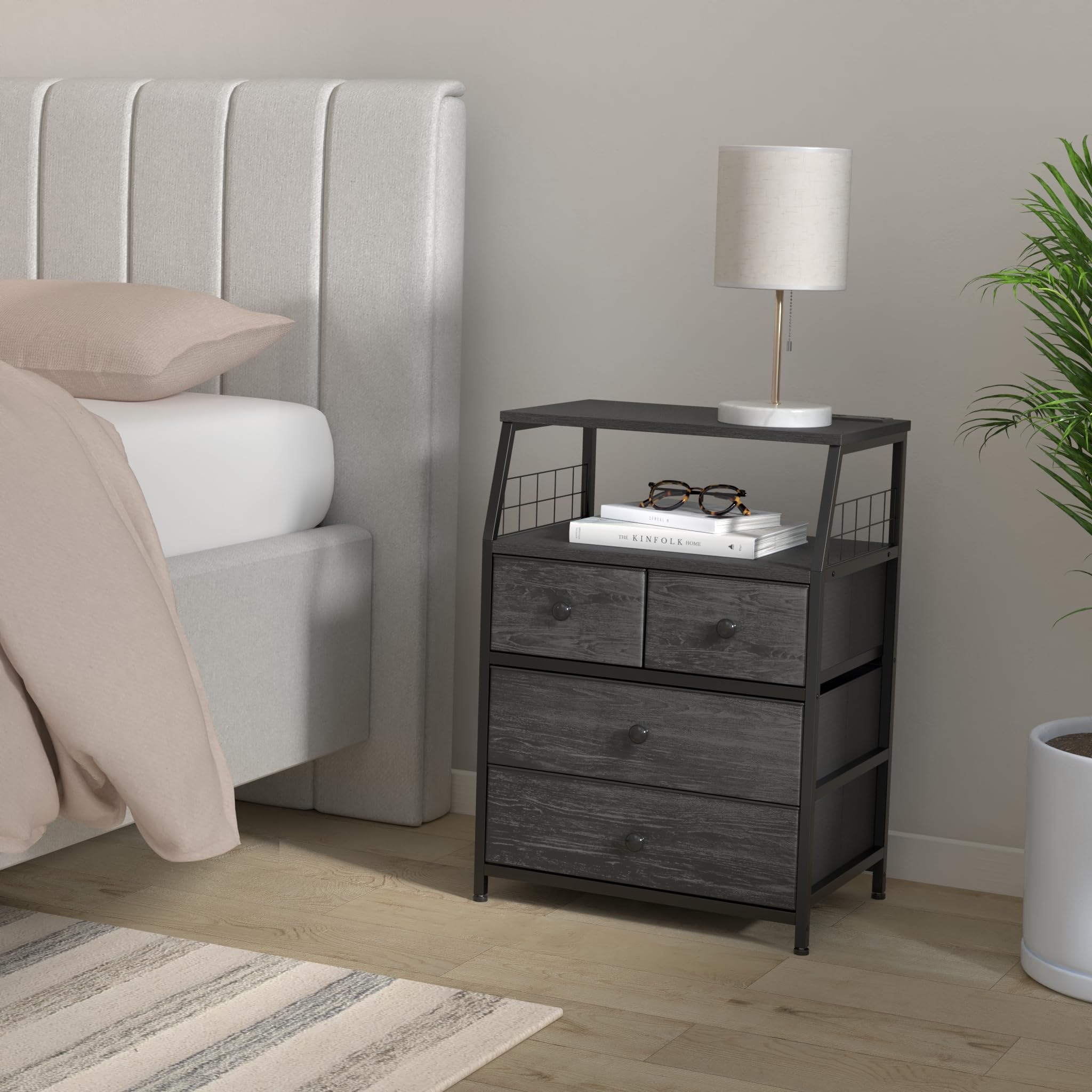 22" Wide Nightstand with Charging Station and LED Lights Black Nightstand Modern Night