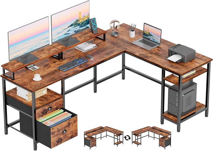 White 66" L Shaped Desk with Shelves, Reversible Corner Computer Desk with File Drawer & Dual Monitor Stand, Large Home Office Desk Writing Study Gaming Table Workstation