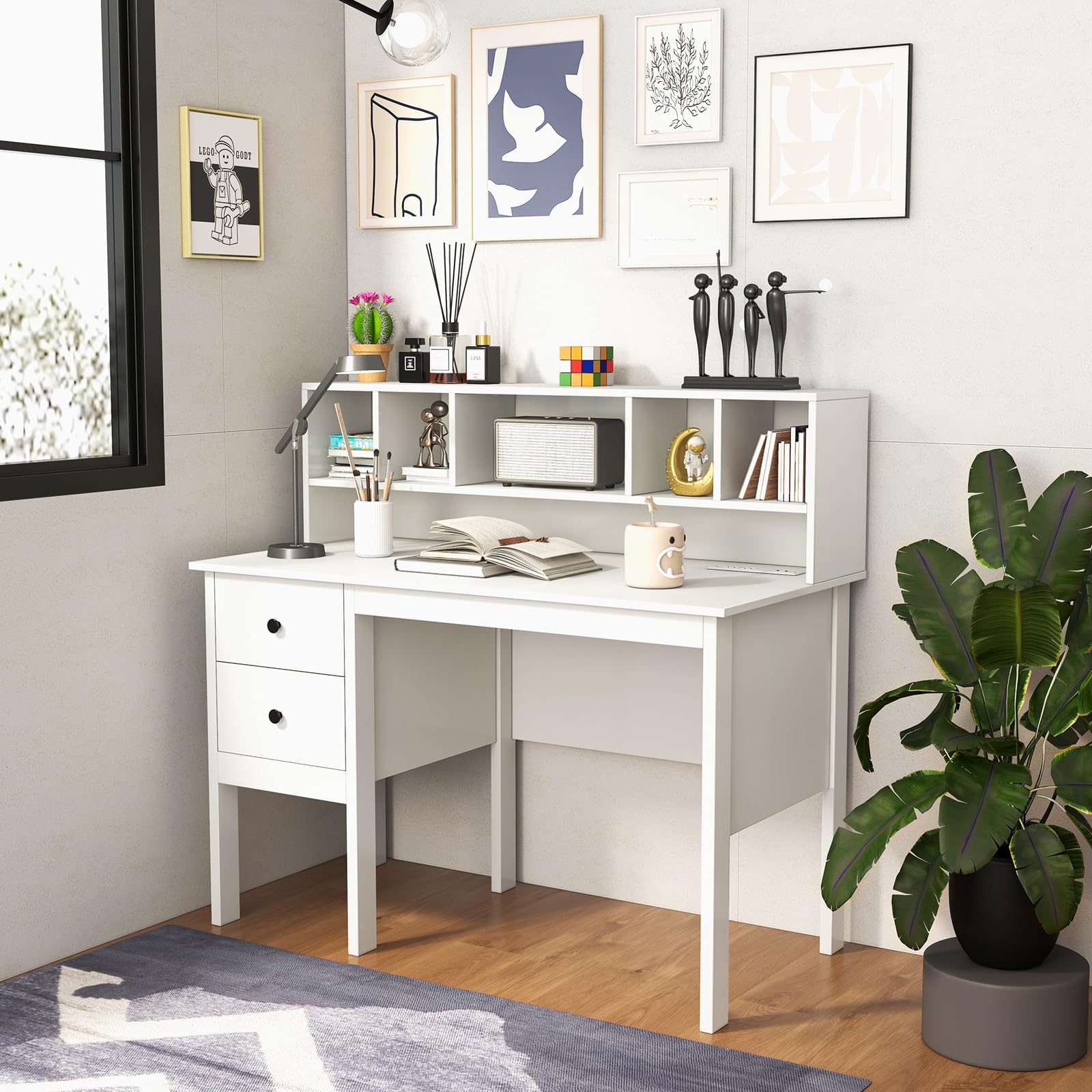 White Desk with Drawers & Hutch, Modern Home Office Desk Writing Study Desk