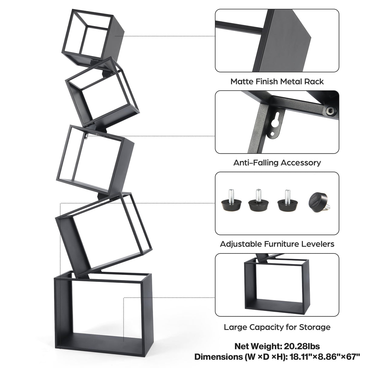 Bookshelf, 5-Tier Bookcase Black, 67" Tall Black Bookshelf,