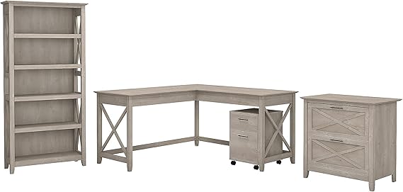 Key West 60W L-Shaped Desk | File Cabinets & 5-Shelf Bookcase