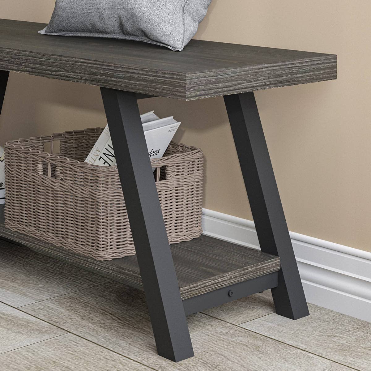 Storage Bench, Industrial Indoor Entryway Bench, Wood Metal Hallway Accent Bench