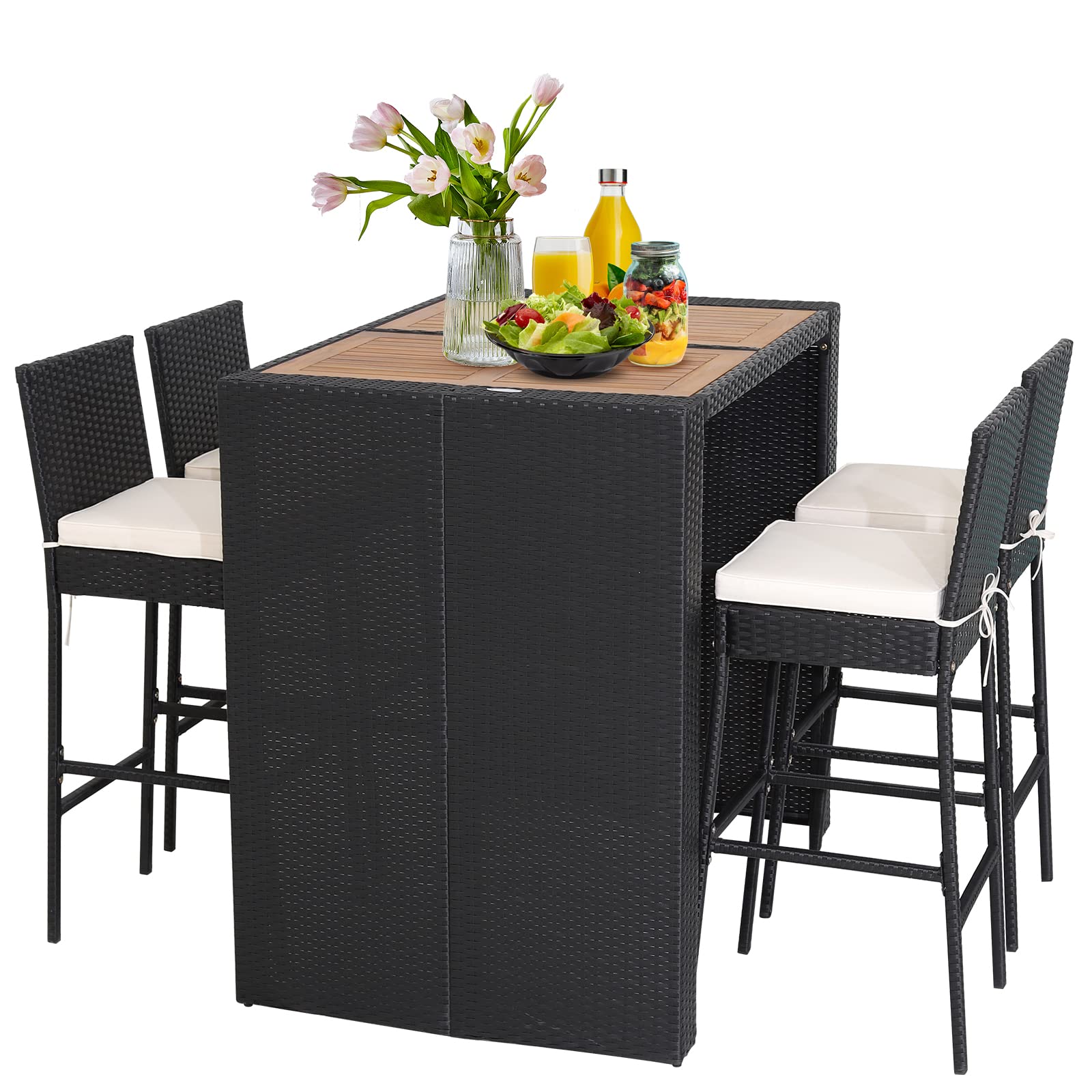 5 Piece Patio Wicker Bar Set, Patiojoy Outdoor Acacia Wood Bar Height Table