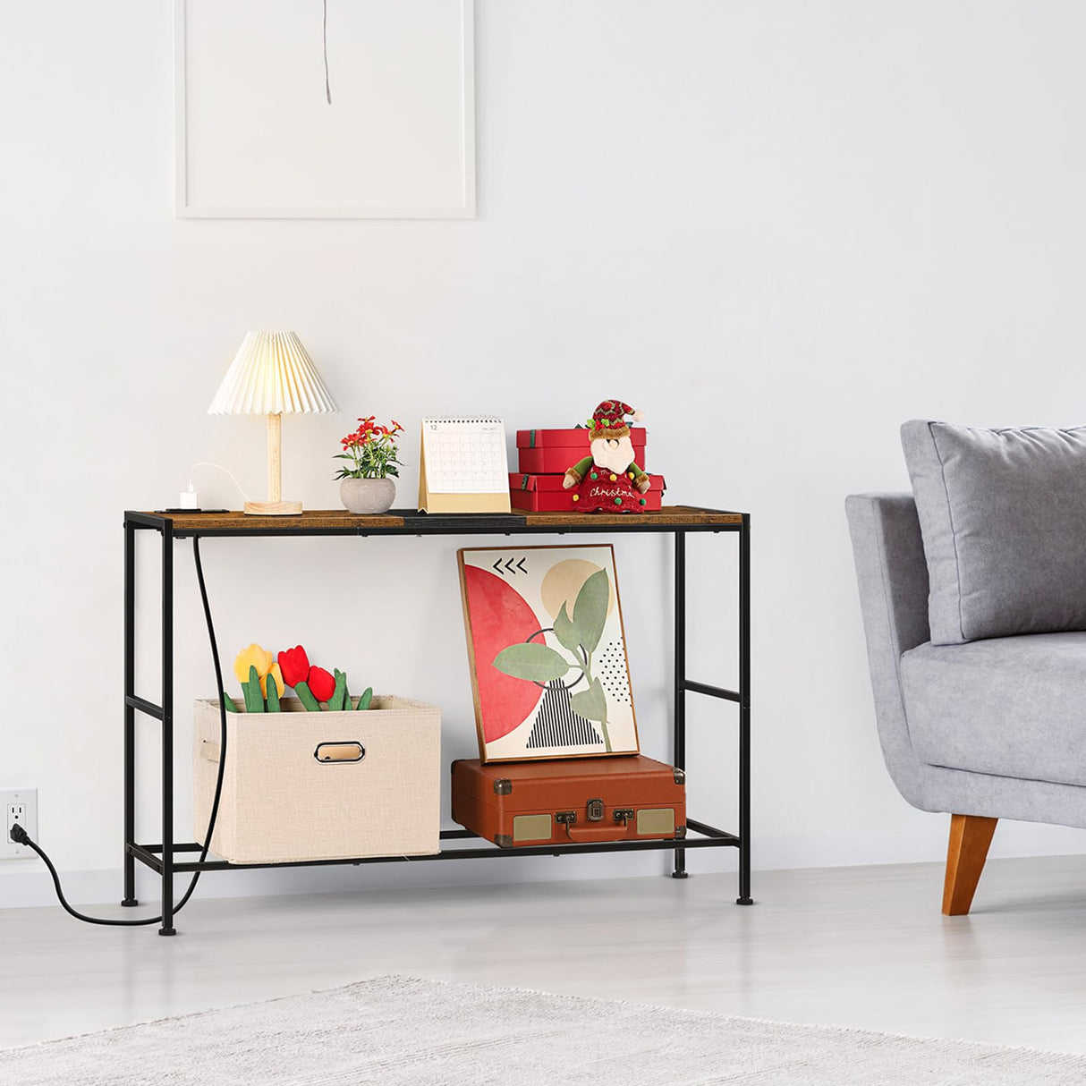 Narrow Console Table with Outlets Industrial Behind Sofa with Charging Station 41 Inch Thin Table Stand for Entryway,