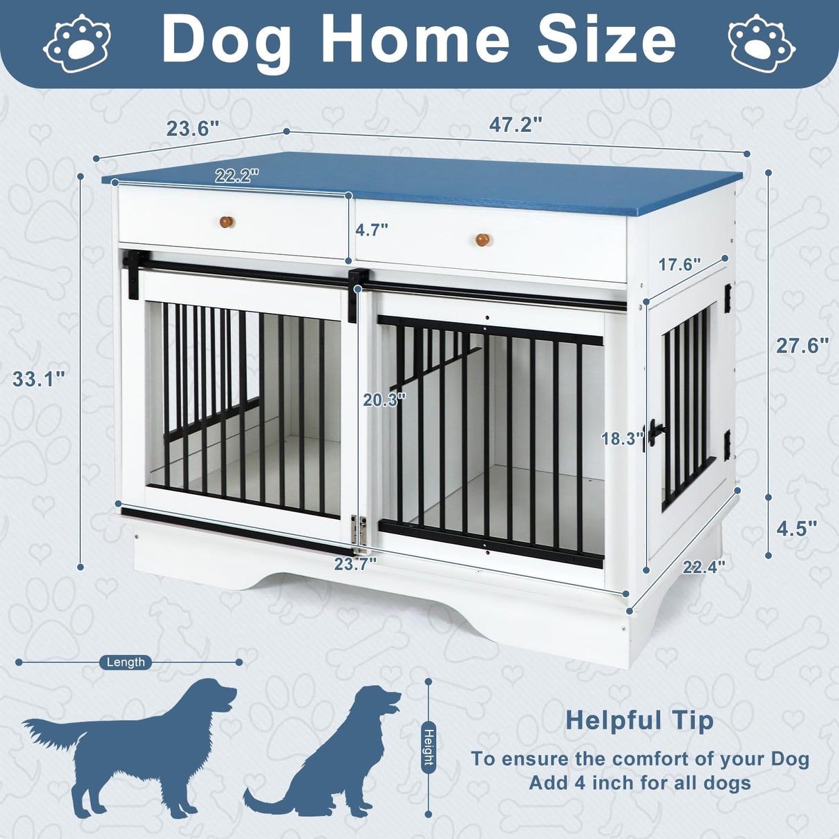 Double Dog Crate Furniture with Storage Drawers & Sliding Barn Door