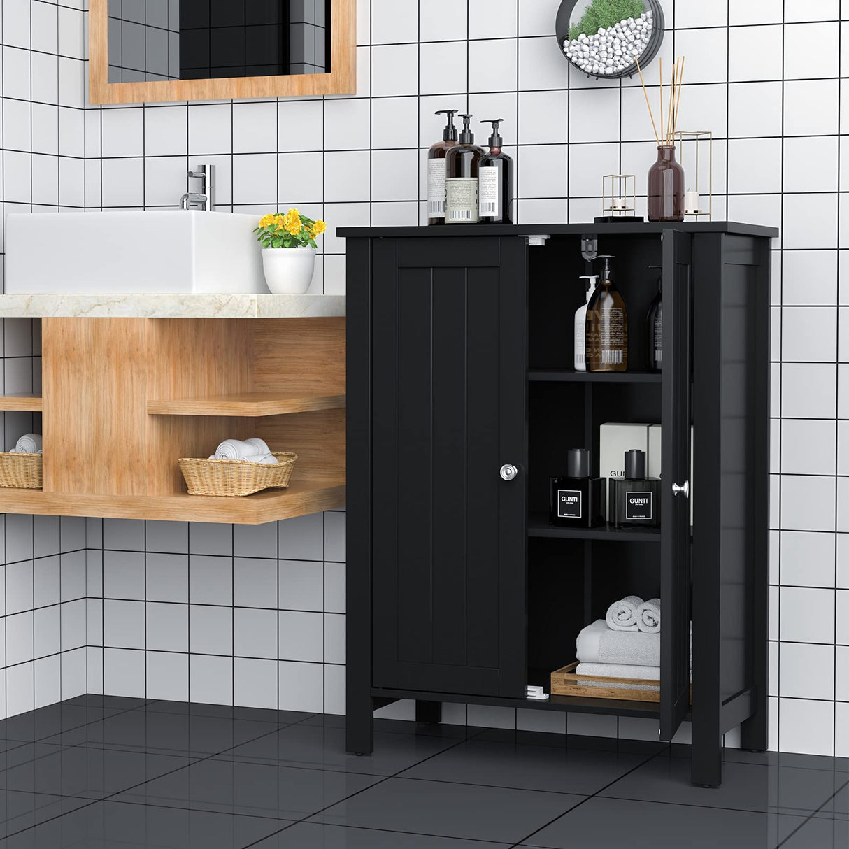 Bathroom Floor Cabinet, 3 Tier Storage Cabinet with Double Door & Adjustable Shelf,