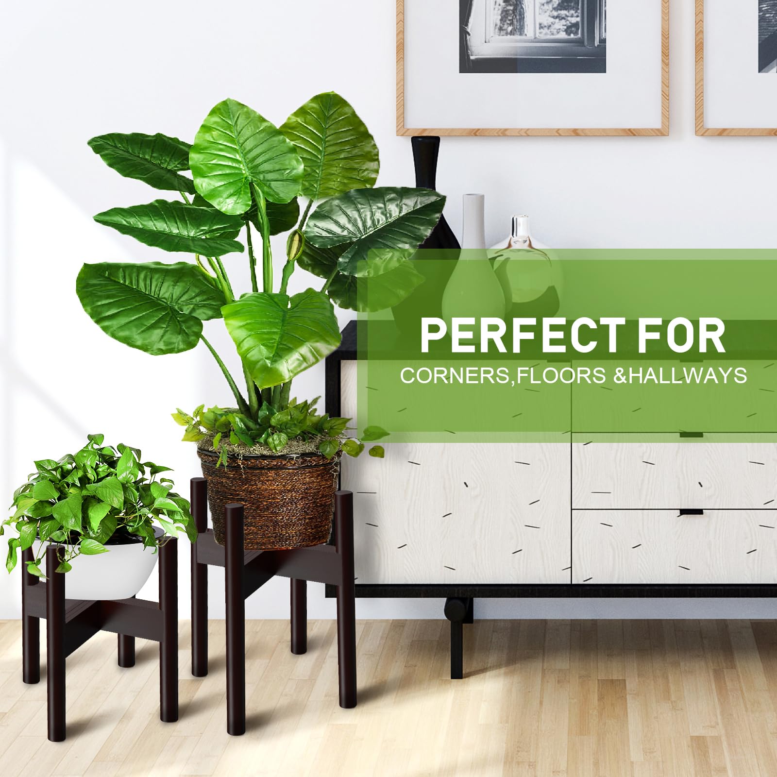 2 Pack Bamboo Plant Stands, Adjustable Plant Stand Indoor, Mid Century
