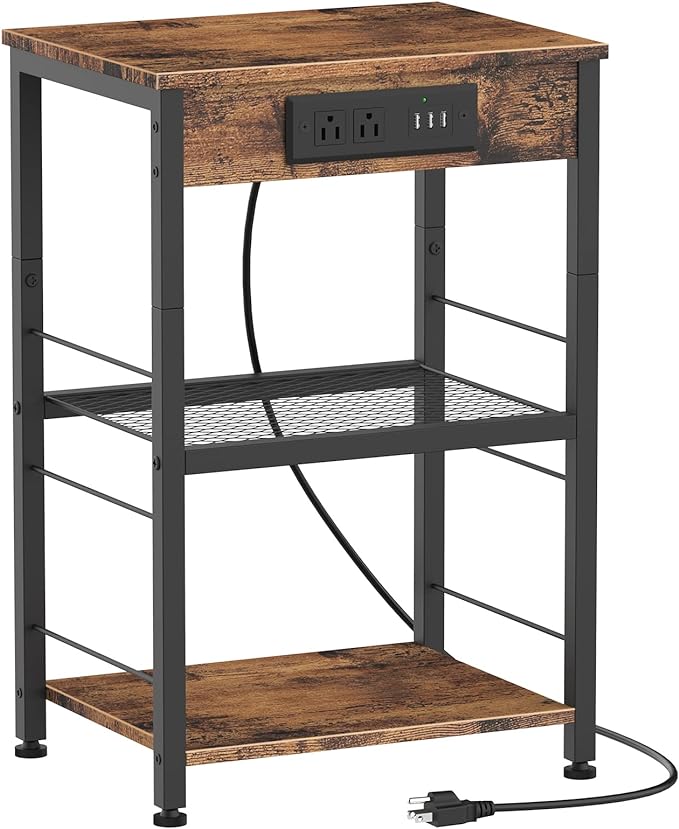 Nightstand Black with Charging Station, USB Ports, 3 Tier Side Table with Storage Shelf