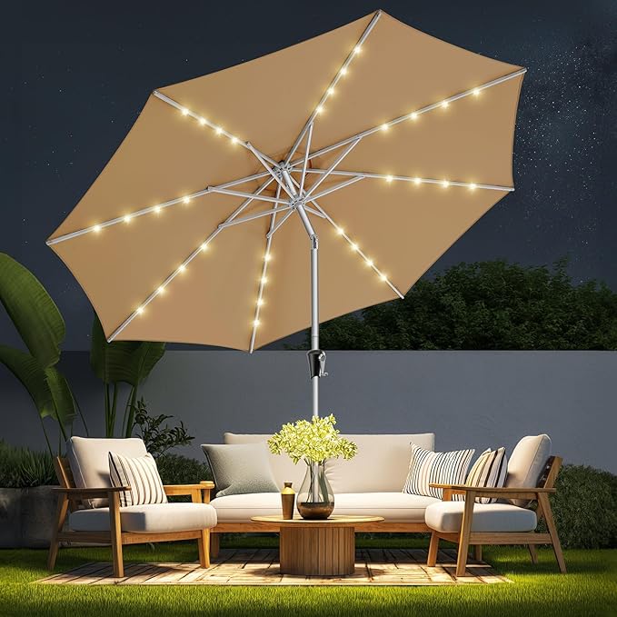 9ft Solar Patio Umbrella - Solar Lights LED Lighted Outdoor Aluminum