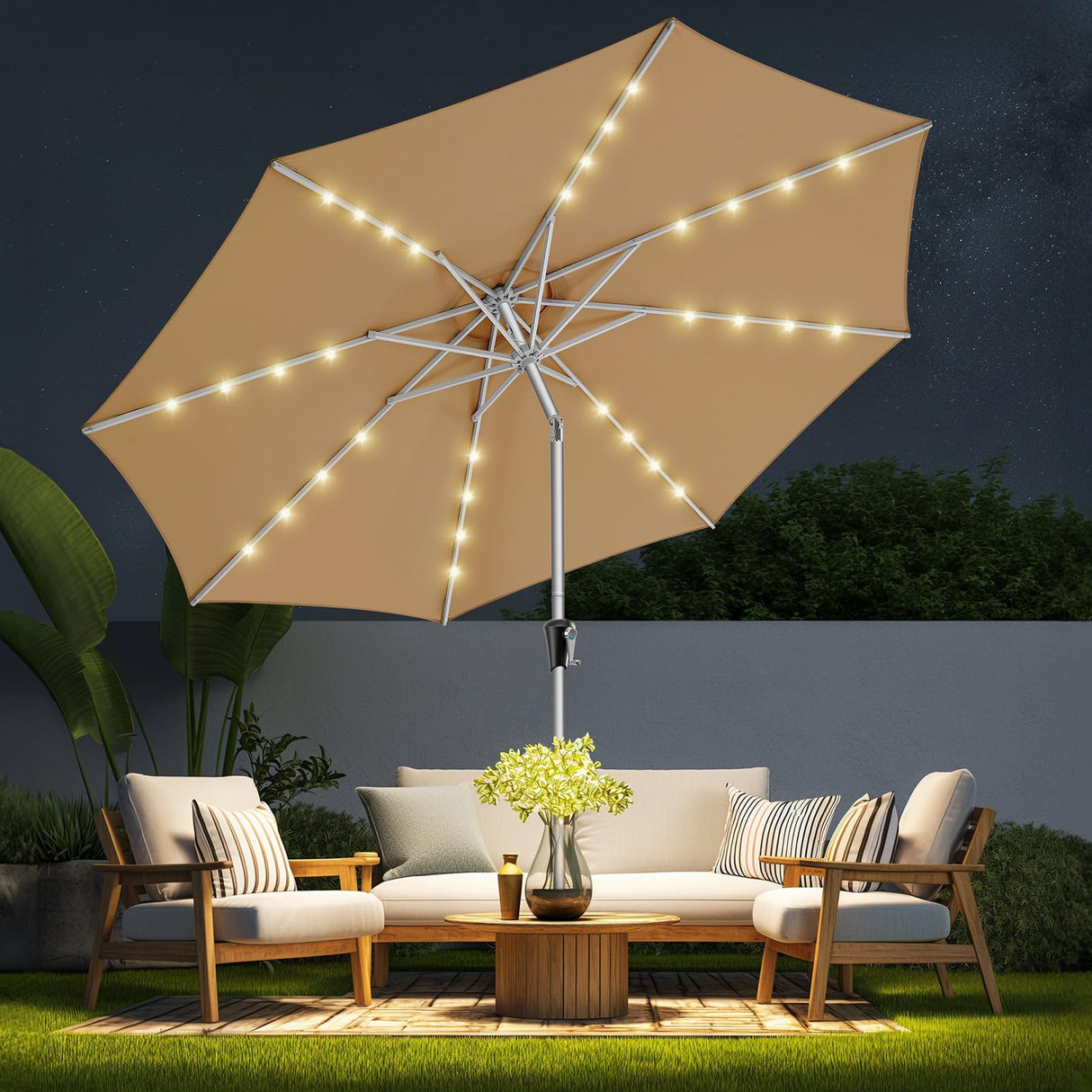 9ft Solar Patio Umbrella - Solar Lights LED Lighted Outdoor Aluminum