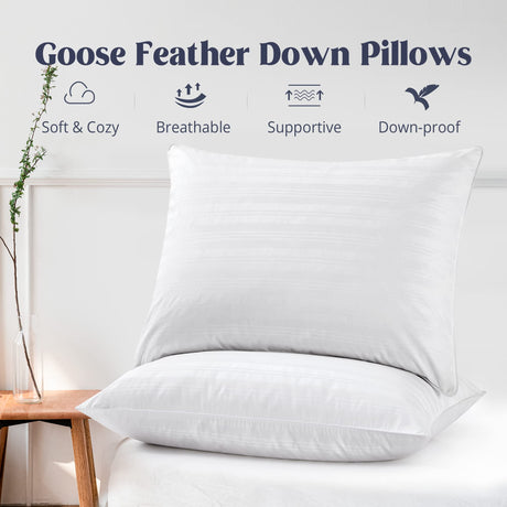 Natural Goose Feather Down Bed Pillows for Sleeping with 2 Outer Protectors, Hotel King