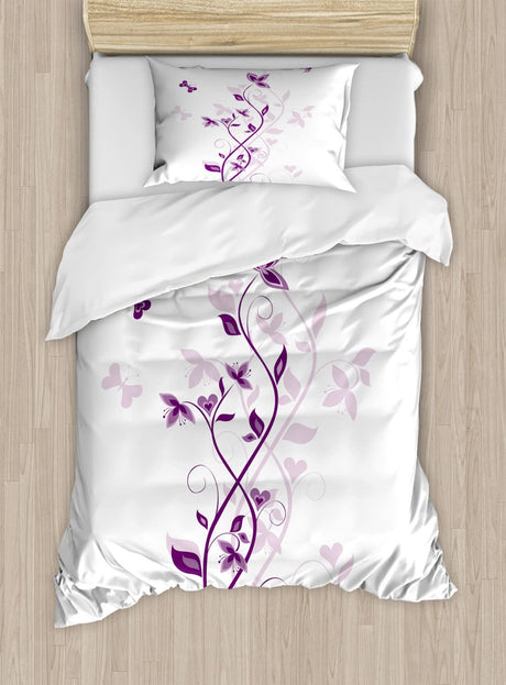 Spring Duvet Cover Set, Violet Tree Swirling Lilac Blooms with Butterfly Ornamental