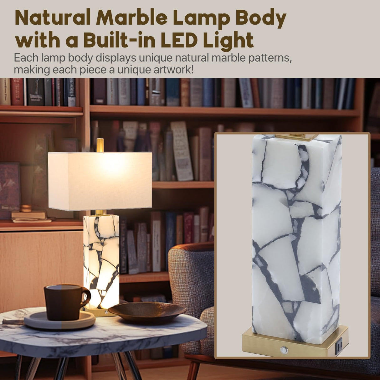 Natural Marble Table Lamps Set of 2 with USB Ports & 3-Color Nightlight