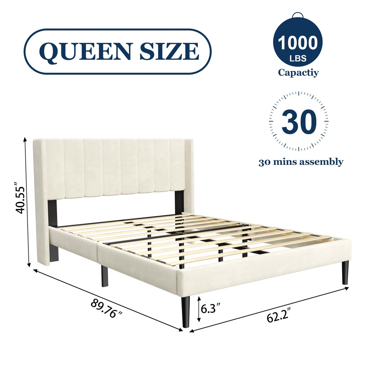 Queen Bed Frame with Headboard,Bed Frame Queen Size Vertical Channel Tufted Wingback No Box Spring Needed, Mattress Foundation, Easy Assembly, Beige