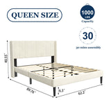 Queen Bed Frame with Headboard,Bed Frame Queen Size Vertical Channel Tufted Wingback No Box Spring Needed, Mattress Foundation, Easy Assembly, Beige