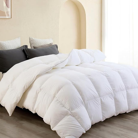 All-Season 75% Down Comforter King Size, White Fluffy Duvet Insert with 8 Corner Tabs,