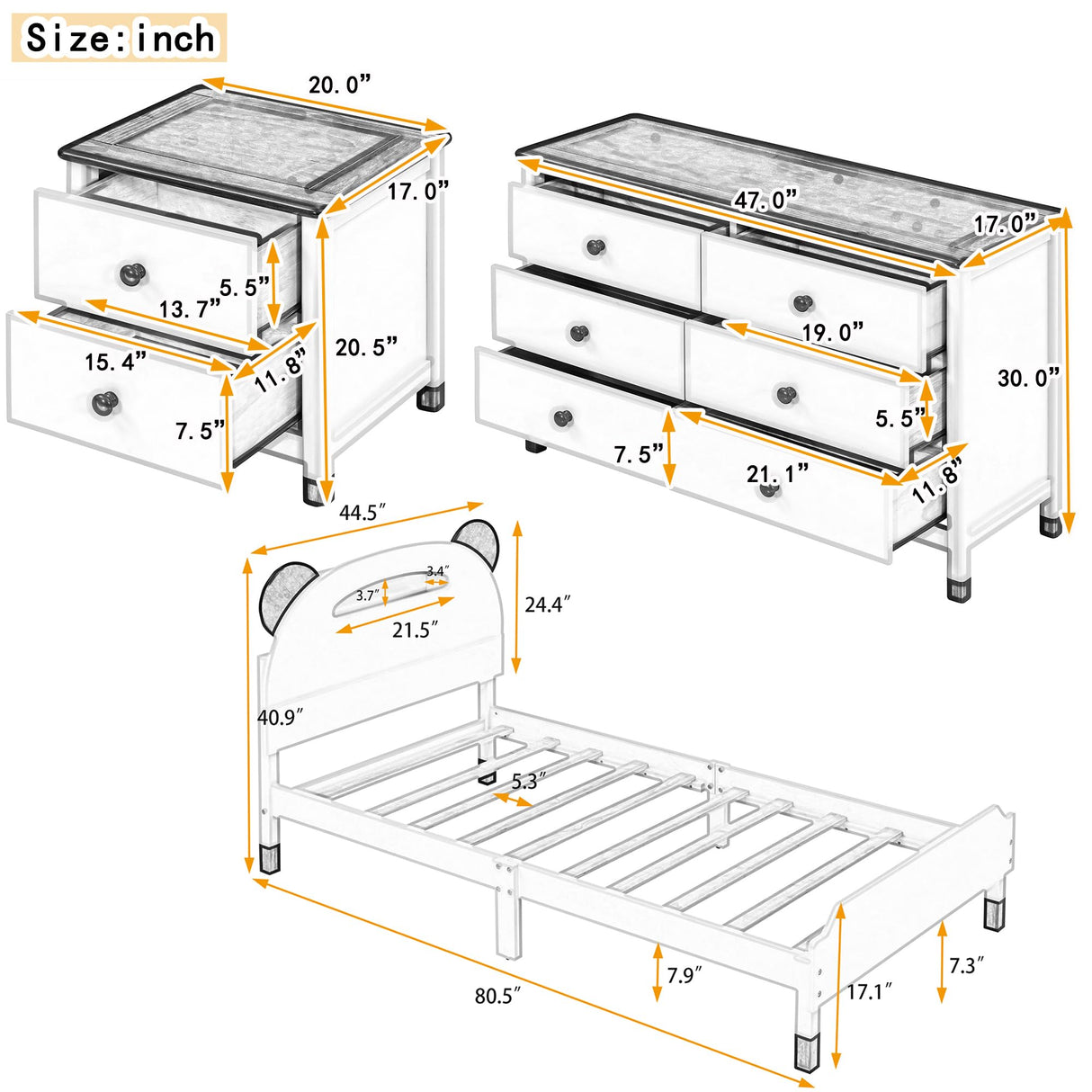 3-Pieces Twin Bedroom Sets, Wooden Kids Bedroom Furniture Sets