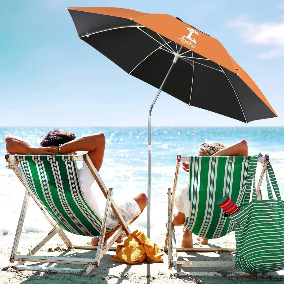 Beach Umbrella 6.5FT Portable - Patio Umbrella with Sand Anchor Tilt Vent - UPF50+ UV Protection