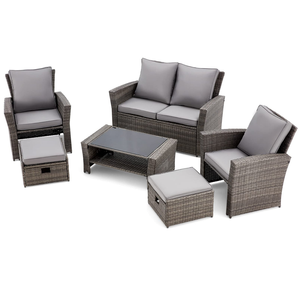 6 Pieces Patio Furniture Set, Outdoor Sectional Conversation Rattan Sofa Set