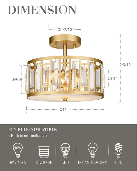 Crystal Ceiling Light, 2-Light Gold Flush Mount Light Fixture