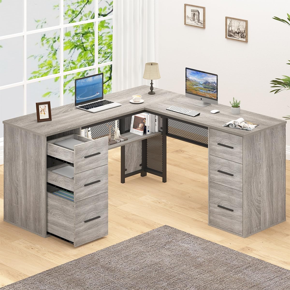 Large L Shaped Desk with Storage File Cabinet，Corner L-Shaped Computer Desk