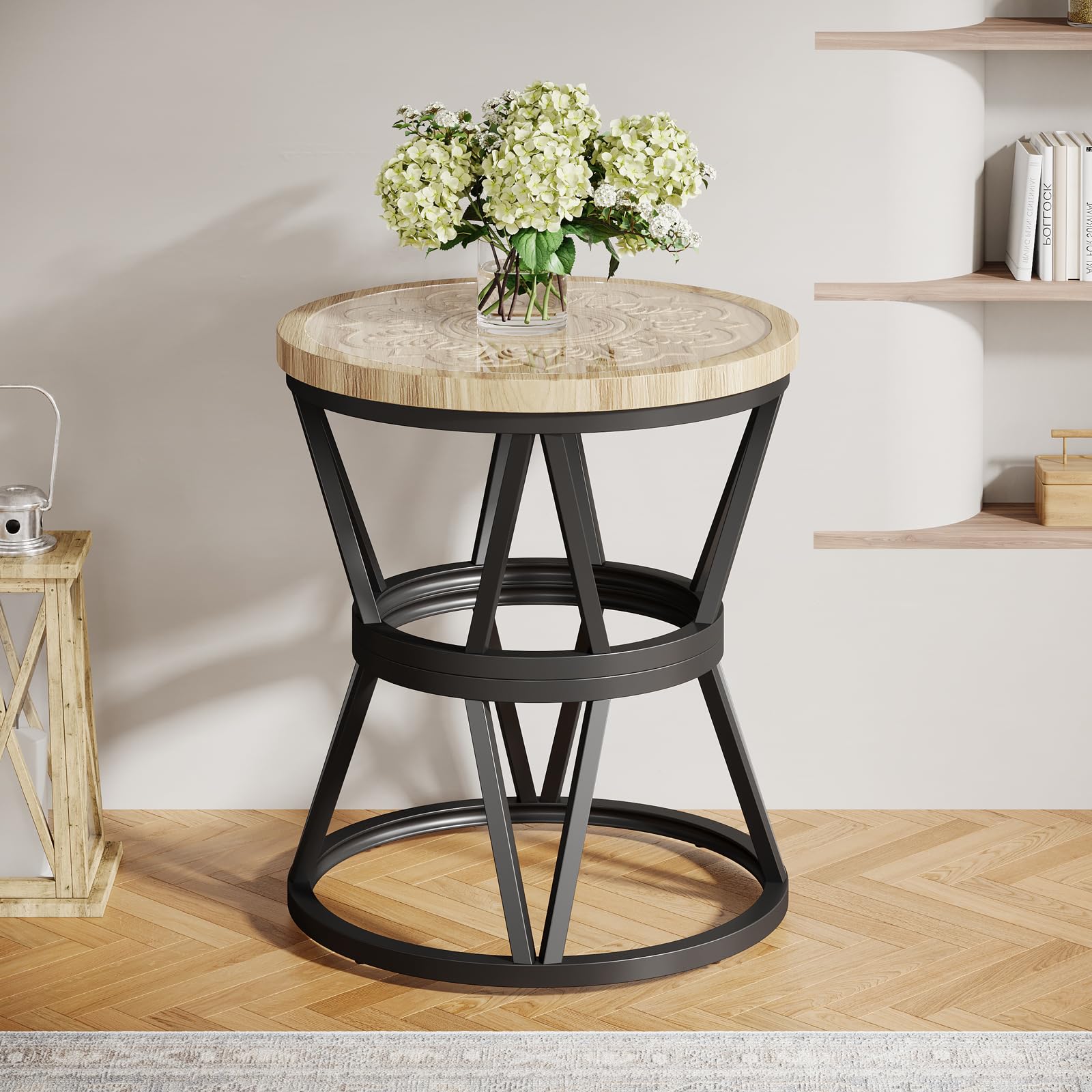 Side Table Set of 2, Round Carved End Table for Living Room
