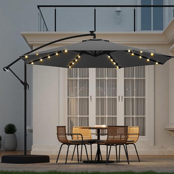 10ft Solar Lighted Patio Umbrella with Base Included, Outdoor Offset Cantilever Umbrella