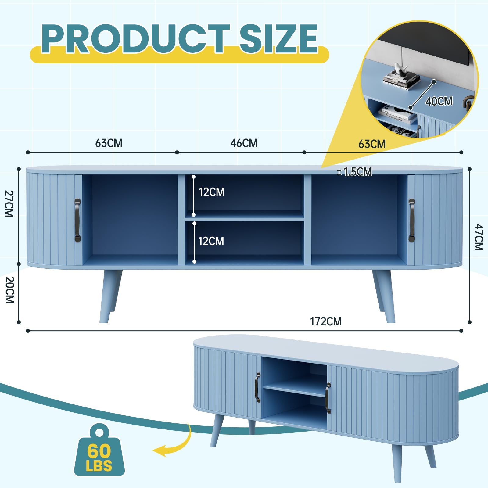 68" Fluted TV Stand with Sliding Door Storage - Light Blue